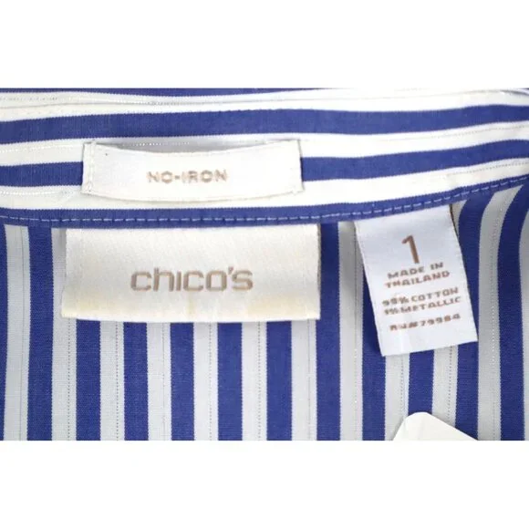 Chicos Blue & White Striped No-Iron Button-Up Shirt Womens Size 1 (M) 95% Cotton - Picture 7 of 11